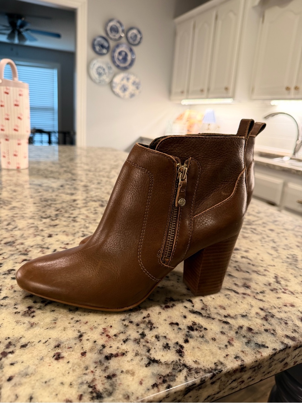ANTONIO MELANI Chestnut Brown Leather Block Heel Ankle Boot